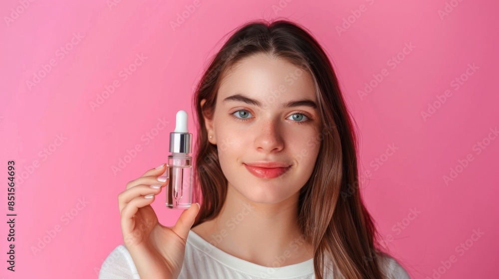 Young woman holding serum bottle with dropper. Beauty, cosmetics and skincare concept. Natural essential oil or favorite cosmetic product in glass bottle with pipette, light summer skin care routine Young woman holding serum bottle with dropper. Beauty, cosmetics and skincare concept. Natural essential oil or favorite cosmetic product in glass bottle with pipette, light summer skin care routine