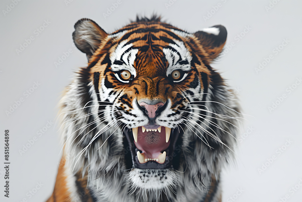 Fototapeta premium Closeup head shot of angry tiger face isolated on white background