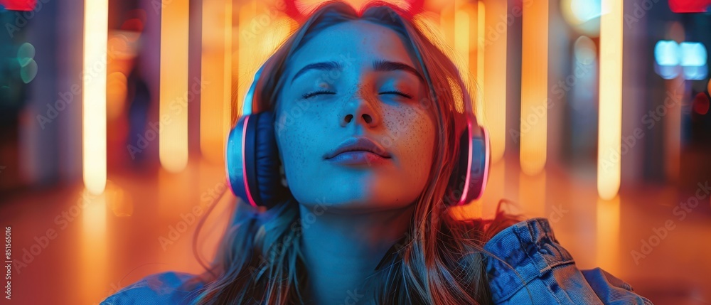 A woman wearing headphones is sitting in a dark room A woman wearing headphones is sitting in a dark room