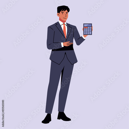 Businessman Accountant Holding Calculator in the Hand, Managing Financial Tasks, Vector Flat Illustration Design