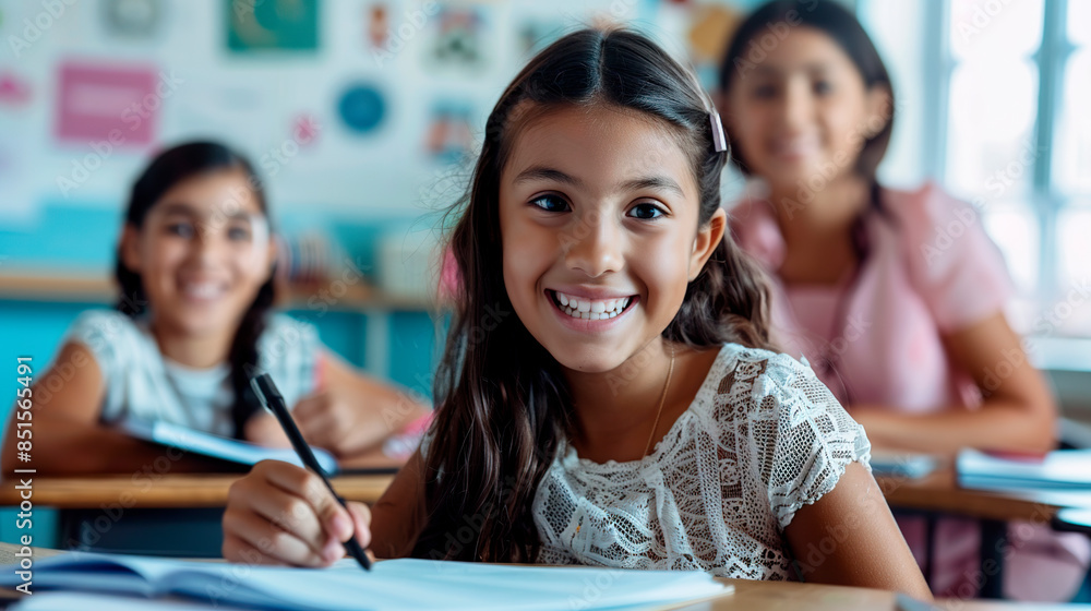 Happy school girl smiling sitting at her desk in the classroom. Back to school concept Happy school girl smiling sitting at her desk in the classroom. Back to school concept