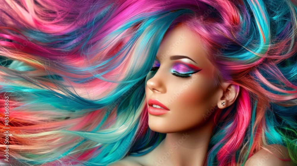 Fototapeta premium A woman with colorful hair and makeup
