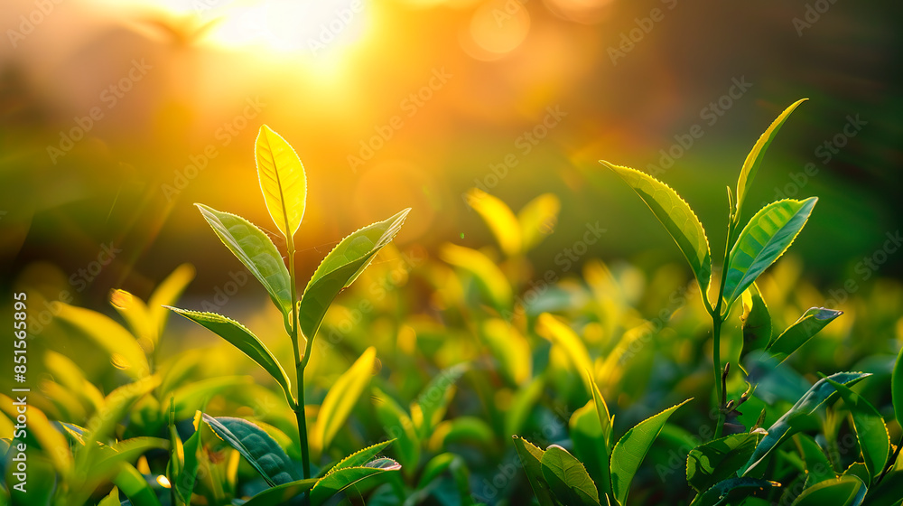 Close up, top of green tea leaf in the morning, tea plantation, blurred background. Close up, top of green tea leaf in the morning, tea plantation, blurred background.