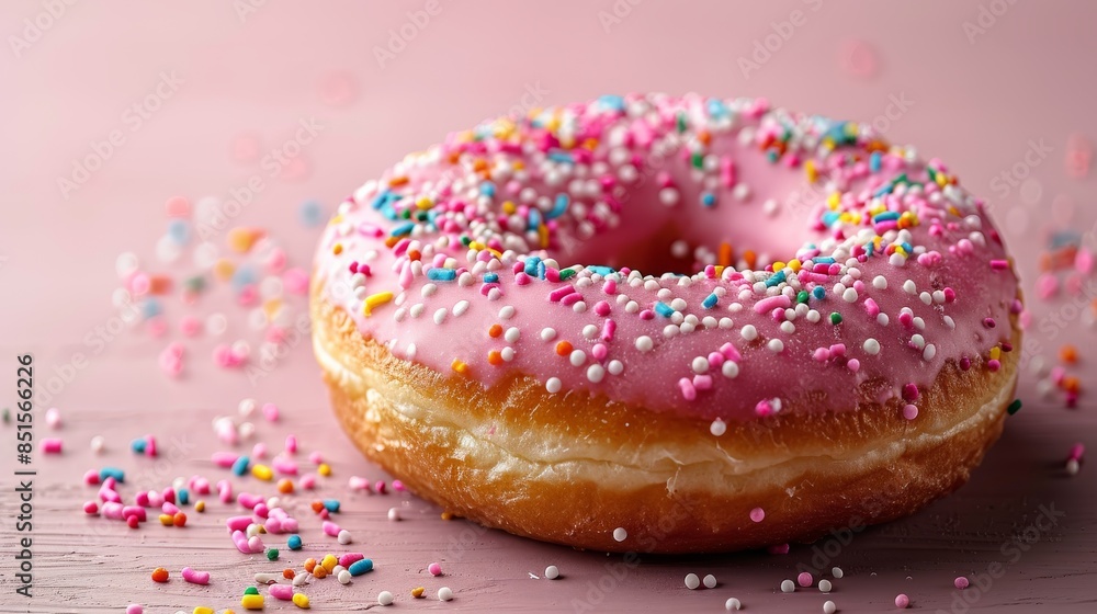 A vibrant pink frosted donut with colorful sprinkles on a subtle wooden background A vibrant pink frosted donut with colorful sprinkles on a subtle wooden background