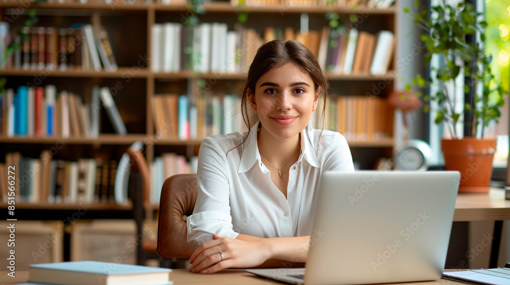 University library. Beautiful smart girl with glasses using laptop, writing notes for work, studying class assignment, preparing for college exams. University library. Beautiful smart girl with glasses using laptop, writing notes for work, studying class assignment, preparing for college exams.