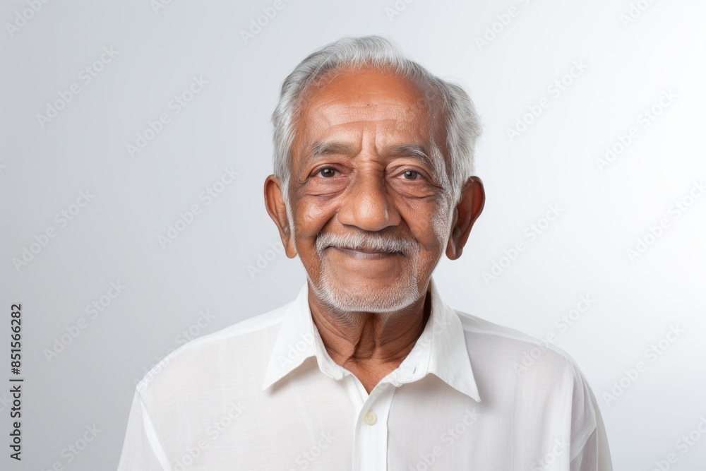 Portrait of a happy indian elderly man in his 90s sporting a breathable mesh jersey on plain white digital canvas Portrait of a happy indian elderly man in his 90s sporting a breathable mesh jersey on plain white digital canvas