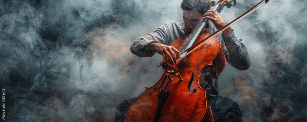 A musician playing their instrument with passion and emotion, their music filling the air. A musician playing their instrument with passion and emotion, their music filling the air.