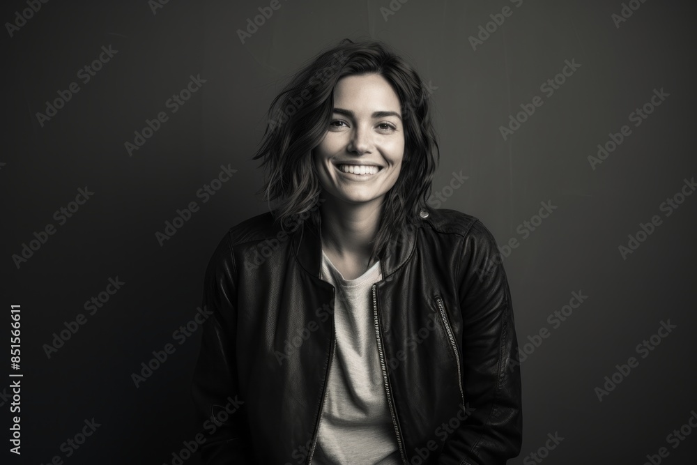 Obraz premium Portrait of a grinning woman in her 30s wearing a trendy bomber jacket over bare monochromatic room