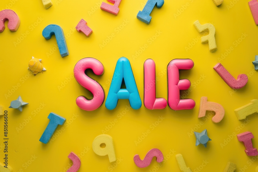 Naklejka premium Colorful plastic letters spelling the word sale on yellow background 3d for business and marketing concept