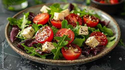 A vibrant, appetizing image of a fresh salad with ripe cherry tomatoes, mozzarella cheese, and greens in a ceramic bowl