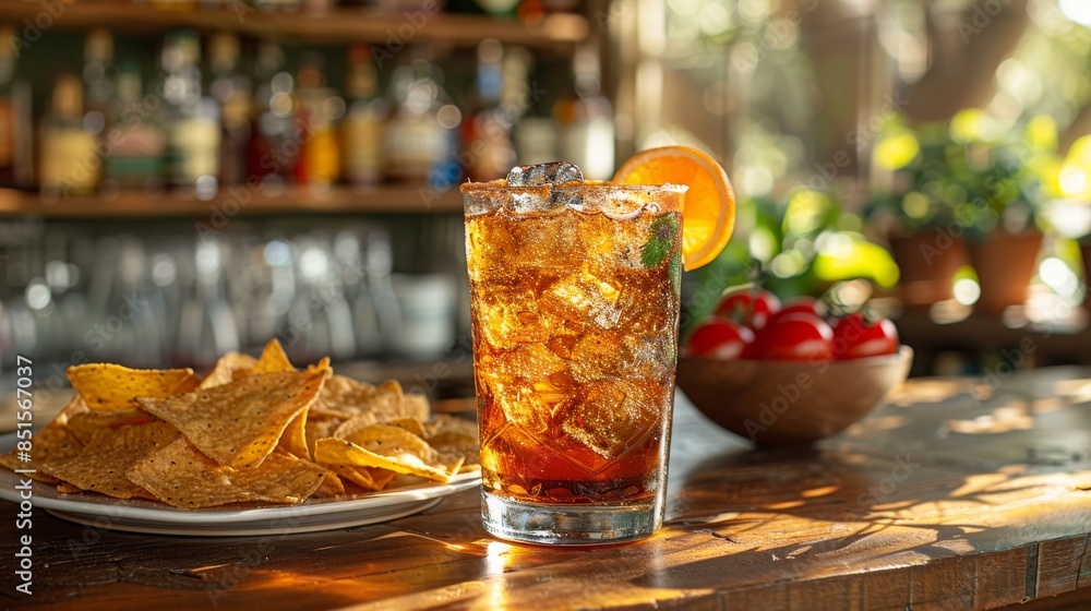 Glass of cola with ice and tortilla chips in natural sunlight by the bar Glass of cola with ice and tortilla chips in natural sunlight by the bar