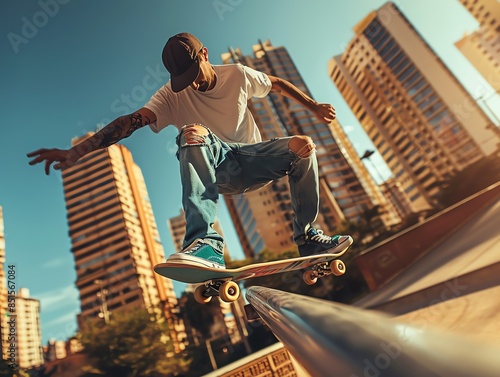 Skateboarding grind on rail, dynamic action, city backdrop, vibrant scene, realistic photo, Full HD,