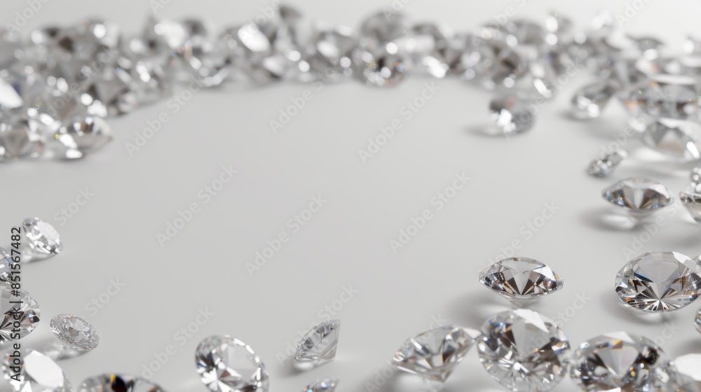Diamonds on white. Diamonds scattered on a white background with empty space in the center. Precious gems collection, jewelry Diamonds on white. Diamonds scattered on a white background with empty space in the center. Precious gems collection, jewelry