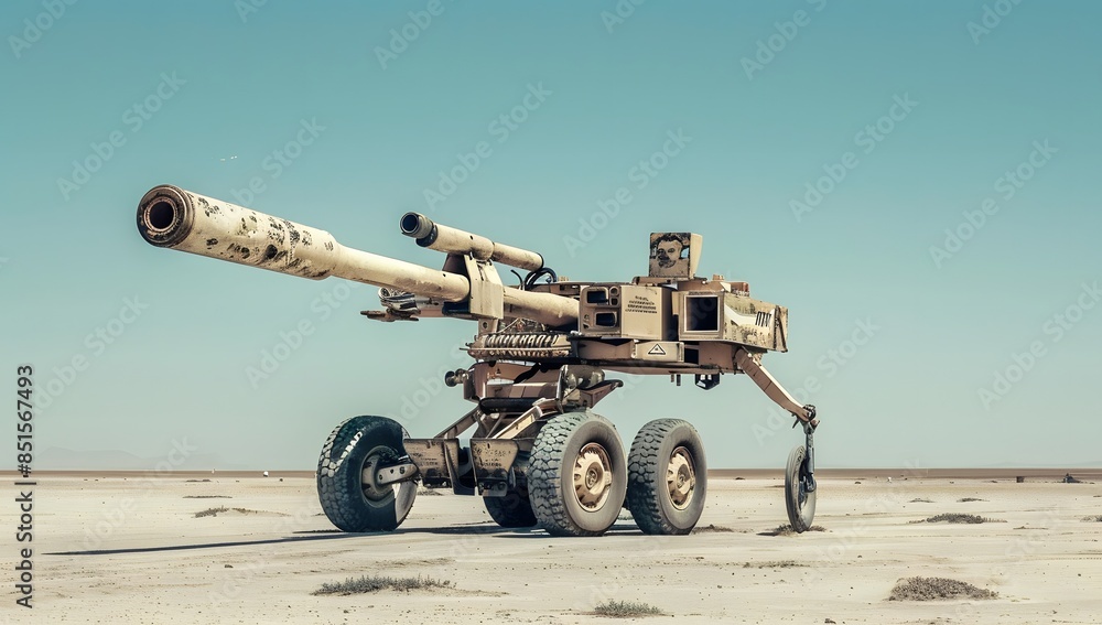 A large, mobile anti-aircraft gun with wheels and tracks on the desert background. A long tube-shaped barrel is attached to its top that shoots massive weapons into the sky A large, mobile anti-aircraft gun with wheels and tracks on the desert background. A long tube-shaped barrel is attached to its top that shoots massive weapons into the sky