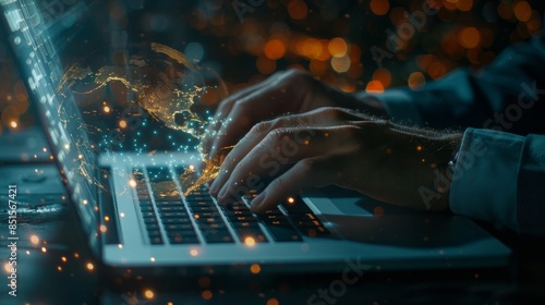 businessman is typing on laptop with world on digital screen, in the style of robotic motifs, shaped canvas, bokeh, shot on 70mm, landscape-focused, AI Generative photo