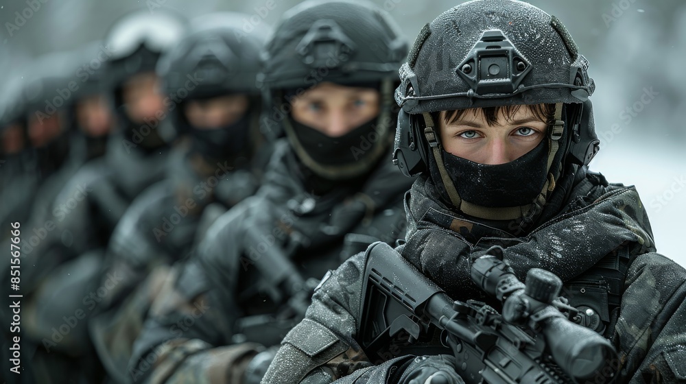 An elite unit of soldiers wearing winter camouflage and tactical gear with faces blurred for privacy An elite unit of soldiers wearing winter camouflage and tactical gear with faces blurred for privacy