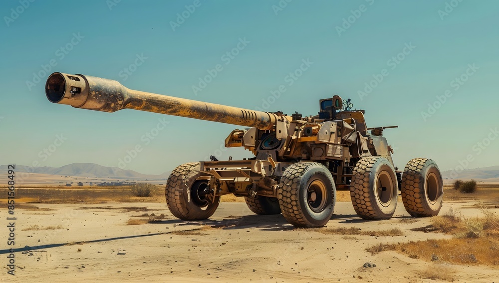 A large, mobile anti-aircraft gun with wheels and tracks on the desert background. A long tube-shaped barrel is attached to its top that shoots massive weapons into the sky A large, mobile anti-aircraft gun with wheels and tracks on the desert background. A long tube-shaped barrel is attached to its top that shoots massive weapons into the sky