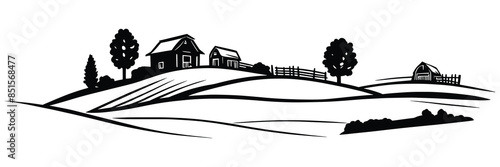 Sketch of rural landscape isolated on white background, farmland, panoramic view	