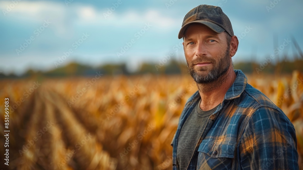A rugged man standing in a cornfield at dusk, portraying a sense of contemplation and connection with nature A rugged man standing in a cornfield at dusk, portraying a sense of contemplation and connection with nature