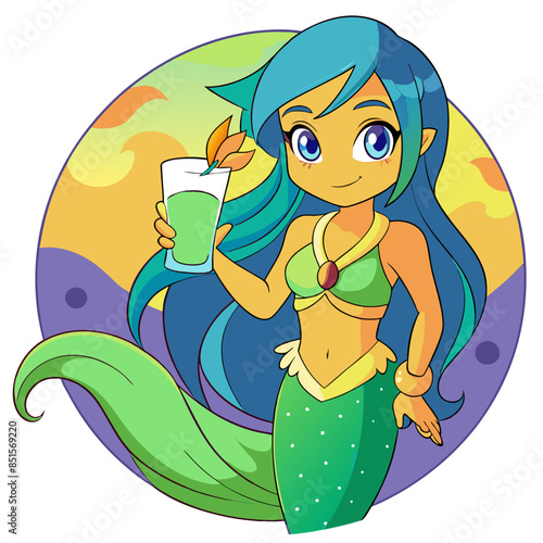 anime girl with flowing blue hair, wearing a mermaid costume, holding a milk glass with a seaside background