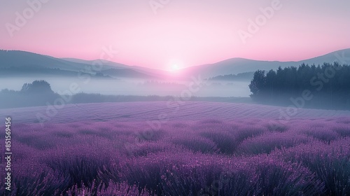Landscape image of the mountain range in the morning with round fog in purple tones.