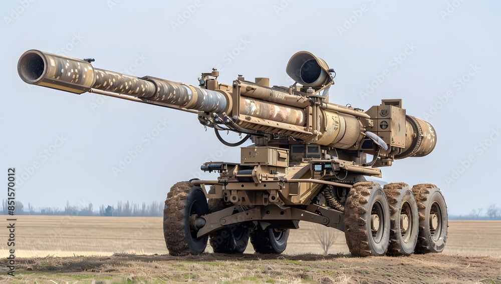 A large, mobile anti-aircraft gun with wheels and tracks on the desert background. A long tube-shaped barrel is attached to its top that shoots massive weapons into the sky A large, mobile anti-aircraft gun with wheels and tracks on the desert background. A long tube-shaped barrel is attached to its top that shoots massive weapons into the sky