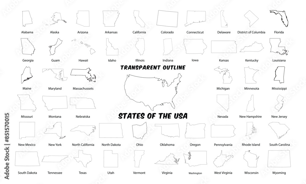Transparent Outline Maps of All US States Including District of Columbia and Territories in High-Resolution Vector Format Transparent Outline Maps of All US States Including District of Columbia and Territories in High-Resolution Vector Format