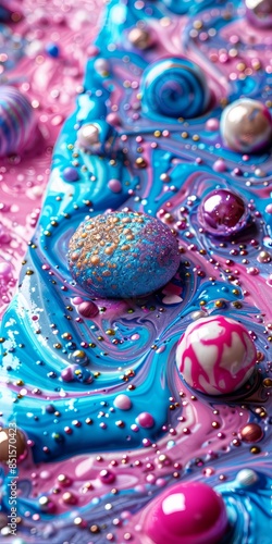 multicolored background with blue and pink marble patterns and bubbles.