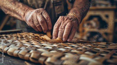 Close-up of elderly hands meticulously weaving a wicker basket in a traditional workshop, showcasing craftsmanship and rustic artistry.