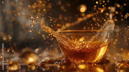 A dynamic photo of tea being poured into a cup