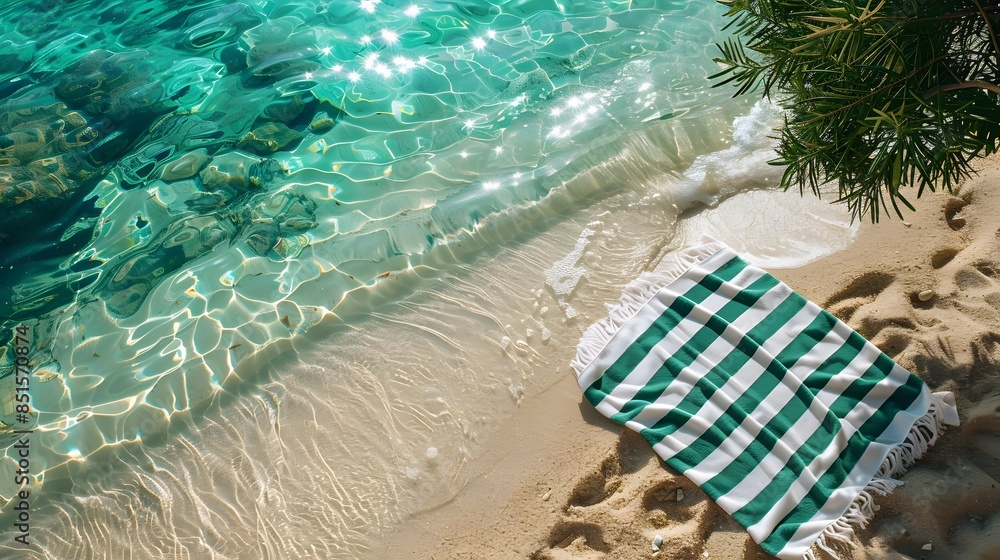 Serene beach scene with turquoise waters, green striped towel on sand, calm waves, clear waters, relaxation, perfect summer getaway. Serene beach scene with turquoise waters, green striped towel on sand, calm waves, clear waters, relaxation, perfect summer getaway.