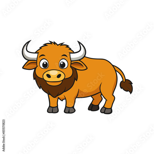 An illustrated brown buffalo with large horns
