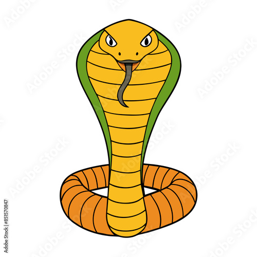  cartoon illustration of a king cobra with its hood flared.