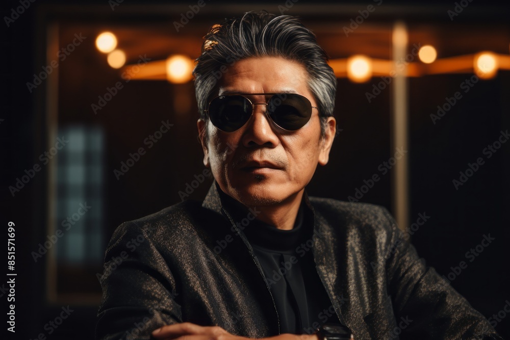 Fototapeta premium Portrait of a content asian man in his 50s wearing a trendy sunglasses while standing against bare monochromatic room