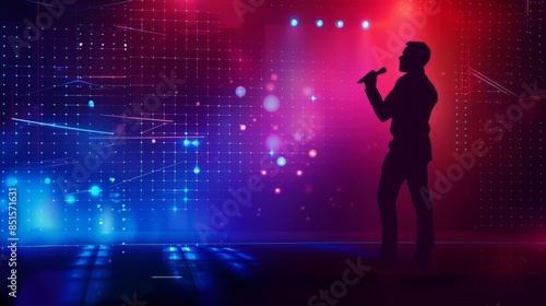 Silhouette of a speaker on stage with a futuristic digital background and space for advertising text