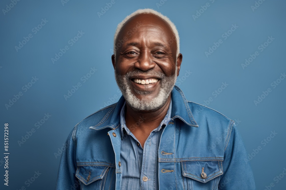 Portrait of a happy afro-american man in his 80s sporting a rugged denim jacket while standing against bare monochromatic room Portrait of a happy afro-american man in his 80s sporting a rugged denim jacket while standing against bare monochromatic room