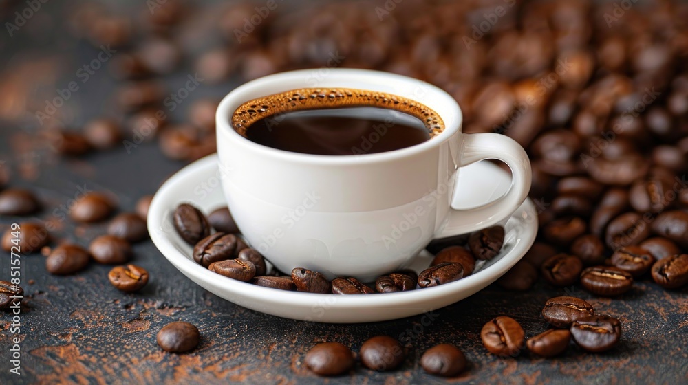 Fototapeta premium Coffee Cup on a Bed of Coffee Beans