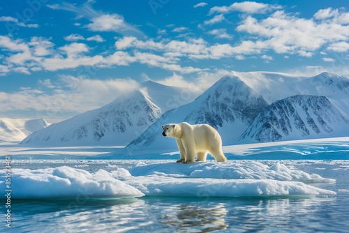 A polar bear standing alone on an ice floe in the Arctic Ocean, with mountains and sea behind it, illustrating the concept of climate change and global warming.