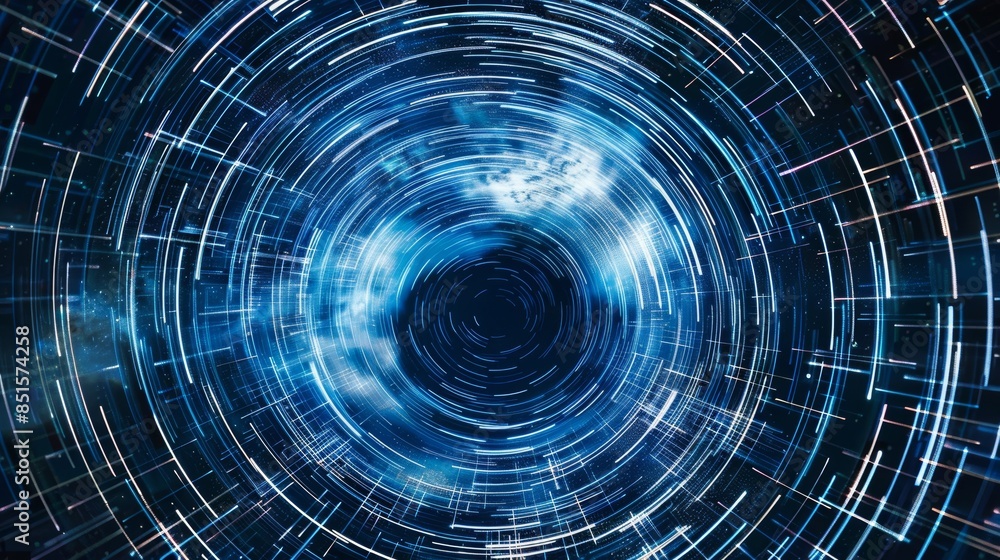 Abstract light speed effect with blue streaks radiating from a central point on a dark background Abstract light speed effect with blue streaks radiating from a central point on a dark background
