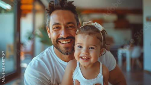 candid portrait of a young father embracing his young daughter in the living room of his home