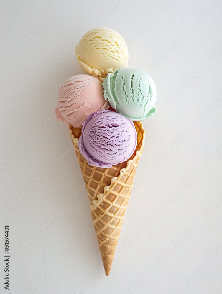 Waffle cone with 4 ice cream balls of different colors on it Waffle cone with 4 ice cream balls of different colors on it