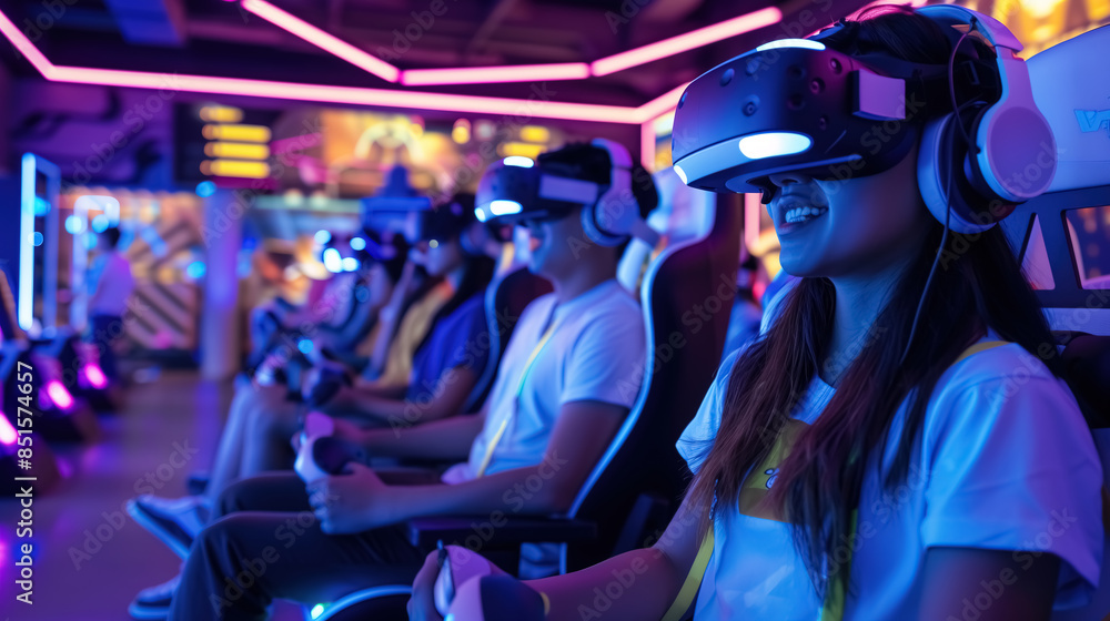 A bustling VR gaming hub, where players immerse themselves in digital adventures and virtual challenge A bustling VR gaming hub, where players immerse themselves in digital adventures and virtual challenge