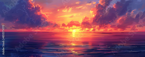 A tranquil sunset over a calm ocean, the sky ablaze with hues of orange, pink, and purple. © Coosh448