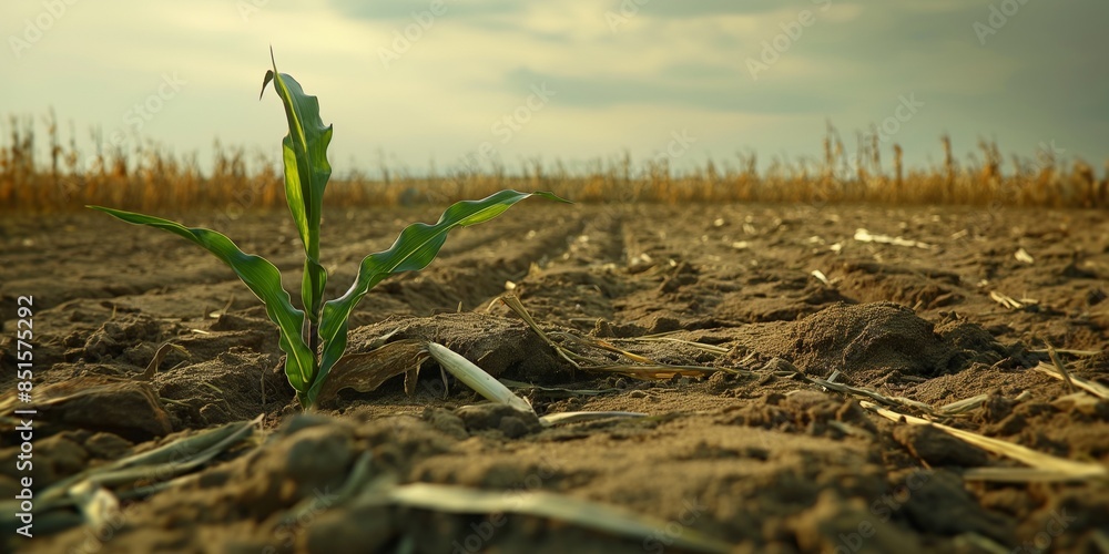 Fototapeta premium A photo of a dry and barren cornfield under the scorching sun, with a young green plant growing in the foreground. Illustrates the concept of environmental destruction, drought, and climate change.