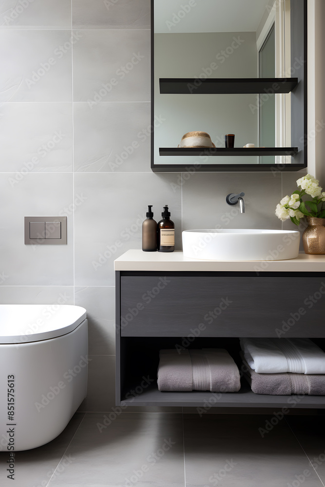 Fototapeta premium Modern luxury bathroom interior in natural grey and beige colors