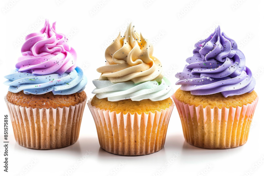 three cupcakes with different pastel frosting isolated on a white background three cupcakes with different pastel frosting isolated on a white background