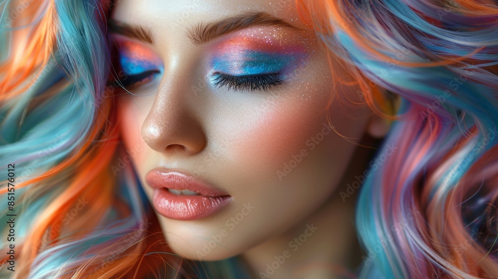Striking portrait showcases a woman's vibrant multi-colored hair and sparkling eye makeup Striking portrait showcases a woman's vibrant multi-colored hair and sparkling eye makeup
