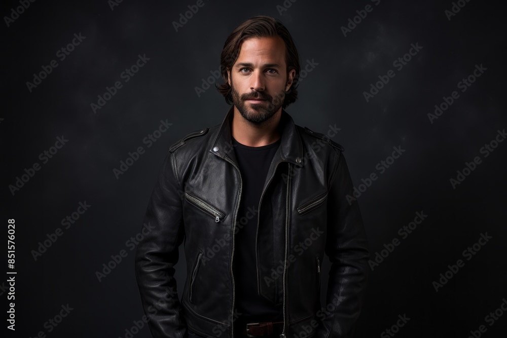Obraz premium Portrait of a merry man in his 30s sporting a classic leather jacket isolated in plain cyclorama studio wall
