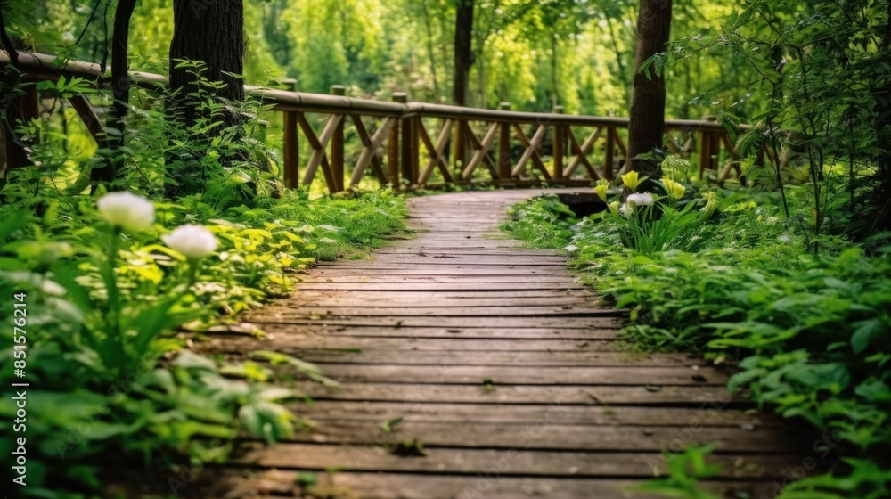 A wooden bridge with a path leading across it A wooden bridge with a path leading across it