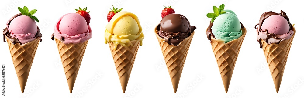 Ice cream scoop on waffle cone on white background cutout. Many ...